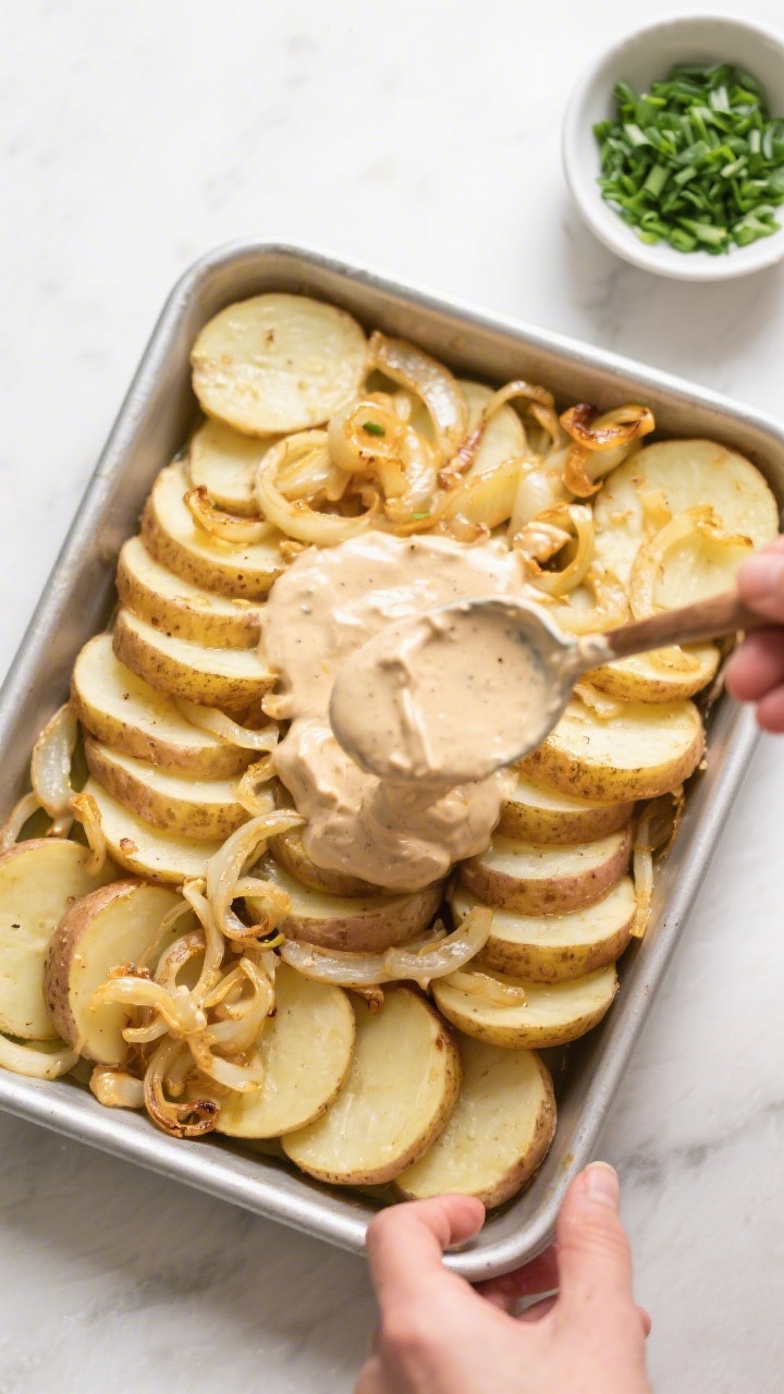 Cooking process: Overhead shot of the layering step in a 9x13-inch greased baking dish—neatly over