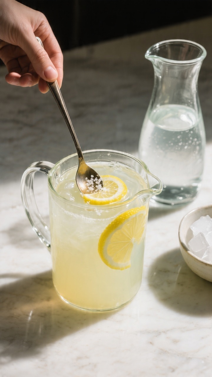 Cooking process: Overhead shot of the lemonade base being built in a clear glass pitcher—strained 