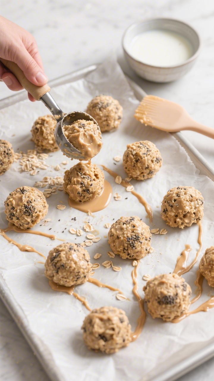 Cooking process: Overhead shot of the mixture just after liquid is added and chilled, being scooped 
