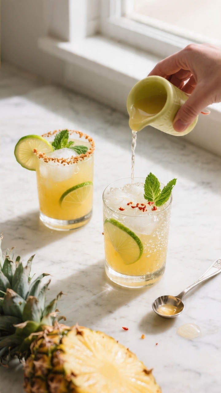 Cooking process: Overhead shot of the pineapple mocktail being assembled in individual glasses—ice