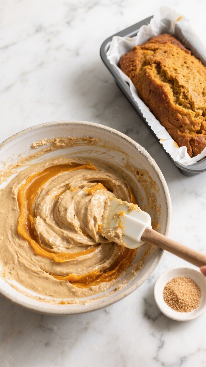 Cooking process: Overhead shot of the pumpkin bread batter being gently folded in a large bowl—dry