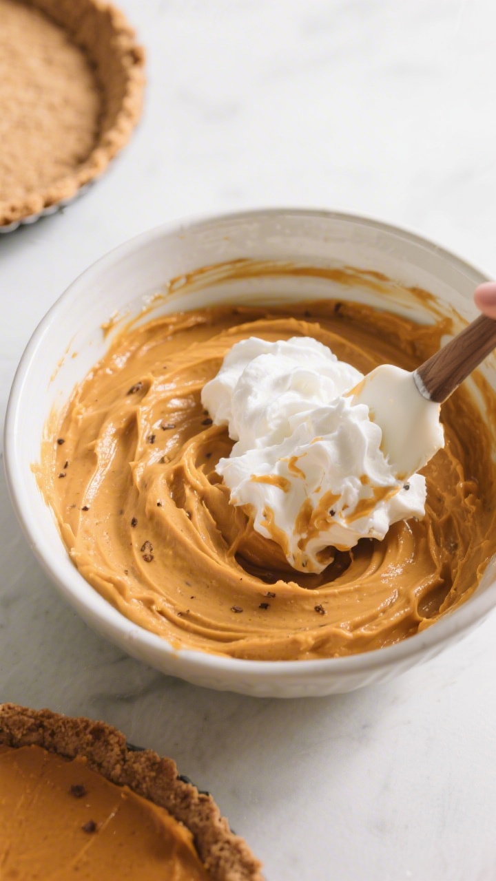 Cooking process: Overhead shot of the pumpkin filling being folded with billowy whipped cream in a l