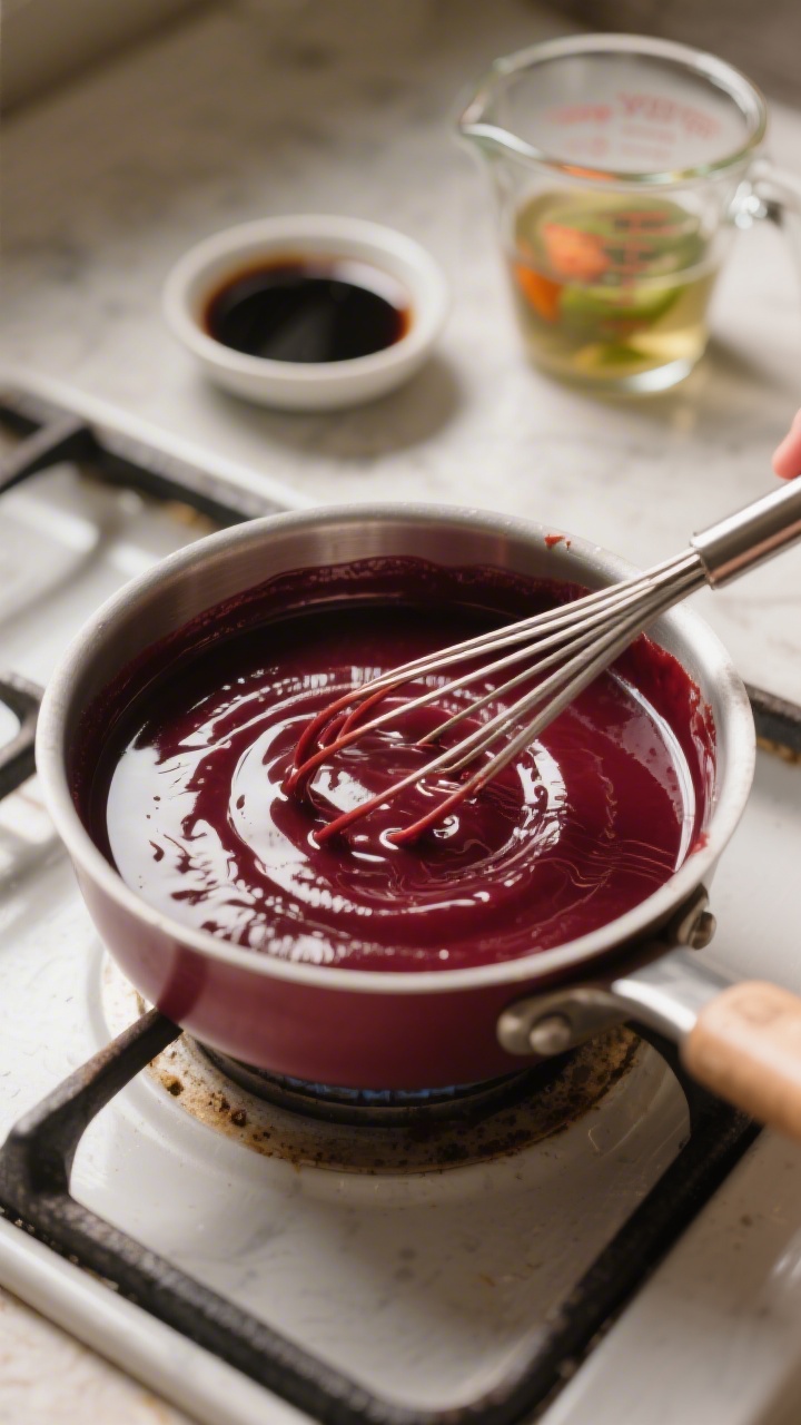 Cooking process: Overhead shot of the red wine gravy simmering in a small saucepan—silky, glossy,