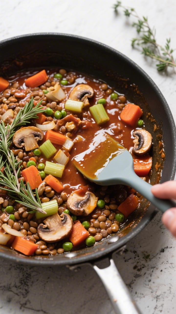 Cooking process: Overhead shot of the savory lentil and mushroom filling simmering in a wide skillet