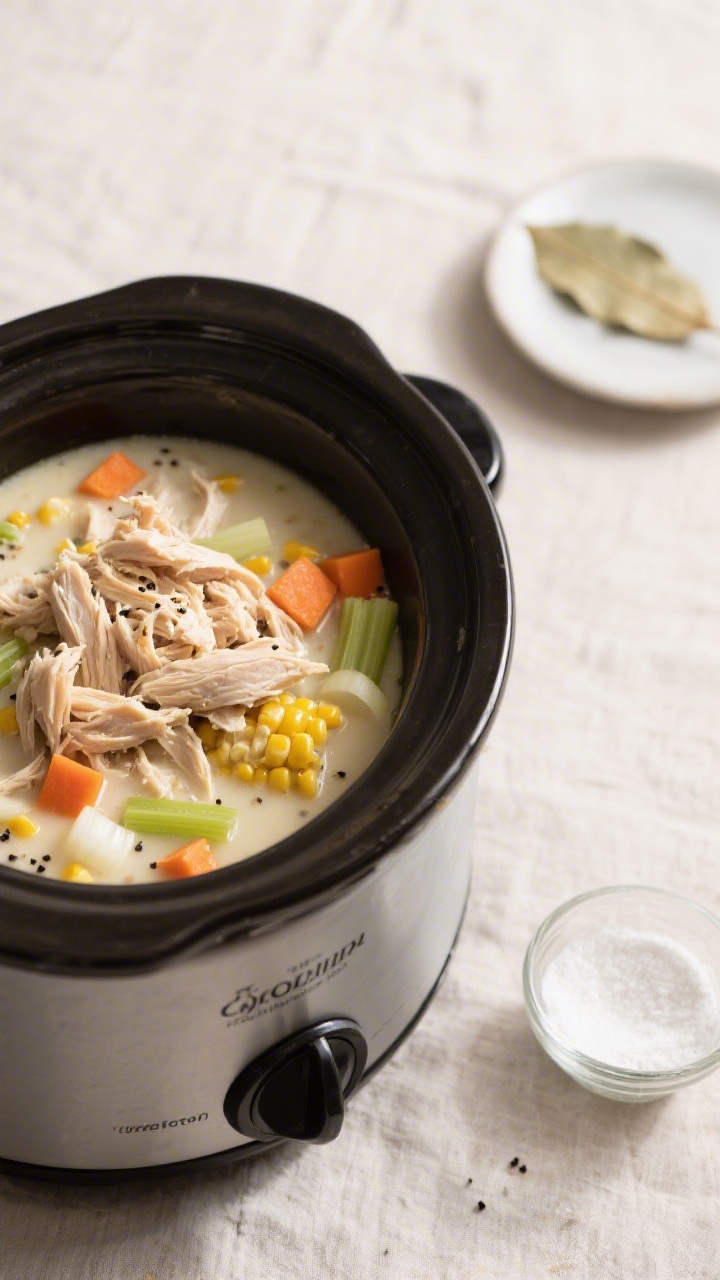 Cooking process: Overhead shot of the slow cooker during the final thicken-and-shred stage—shredde
