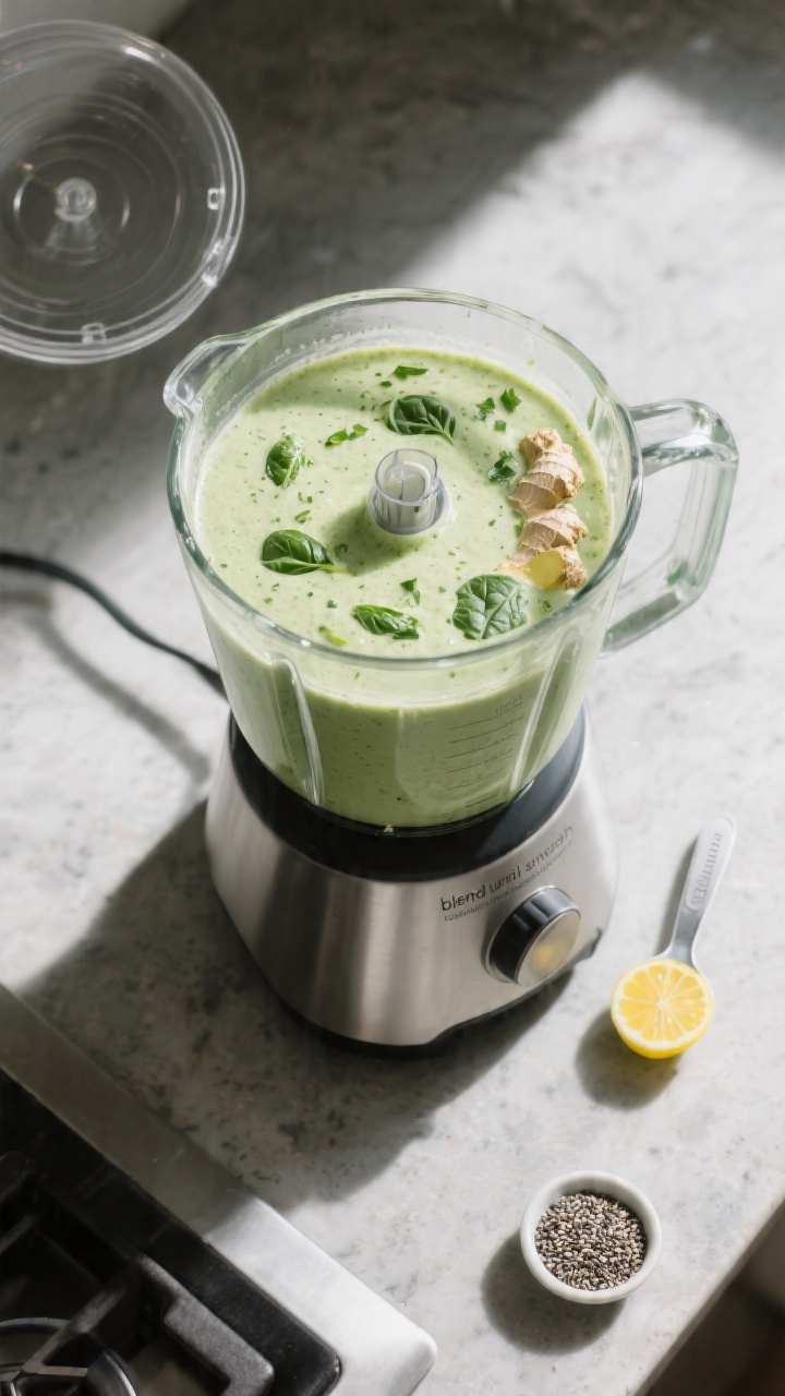 Cooking process: Overhead shot of the smoothie in a high-speed blender just after blending, lid off 