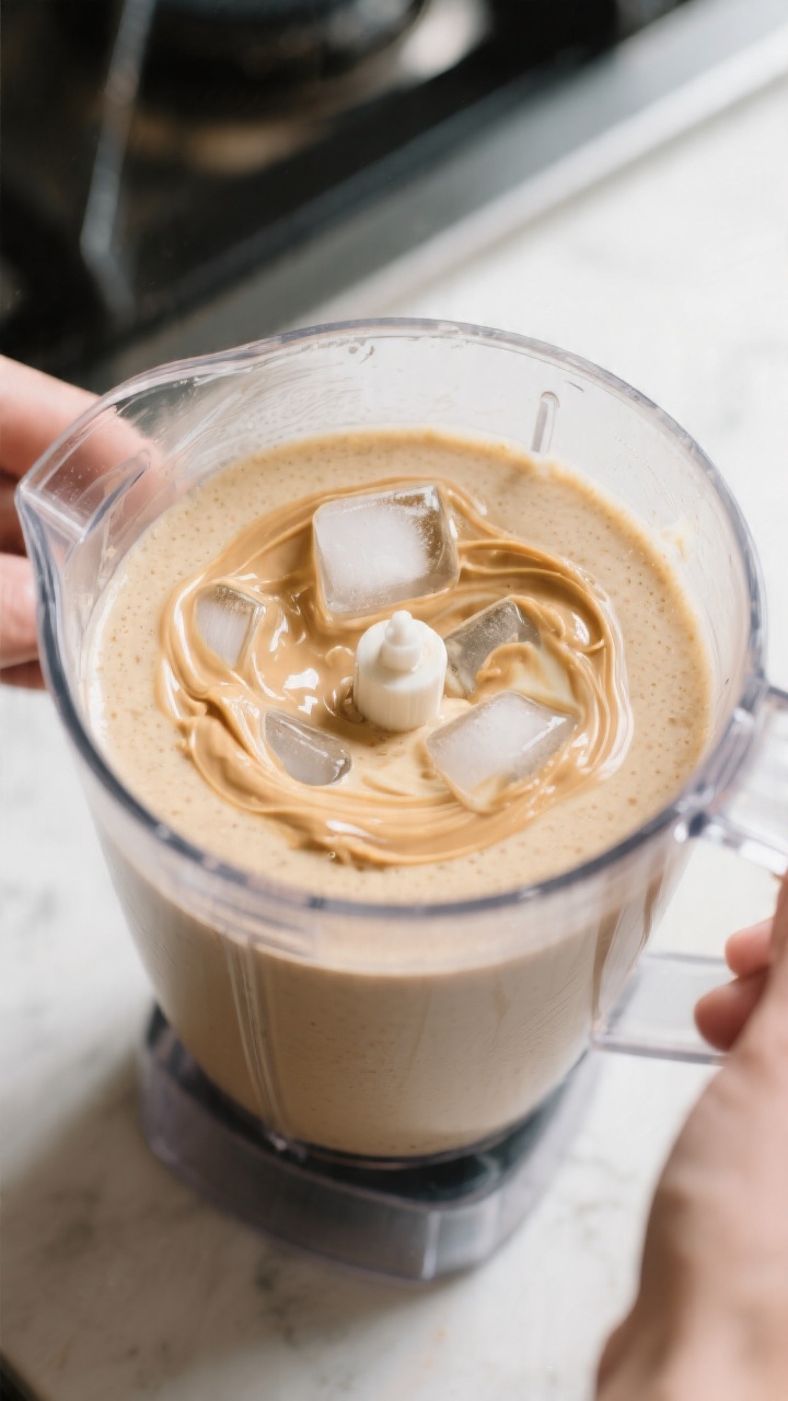 Cooking process: Overhead shot of the smoothie mid-blend in a transparent blender jar—silky peanut