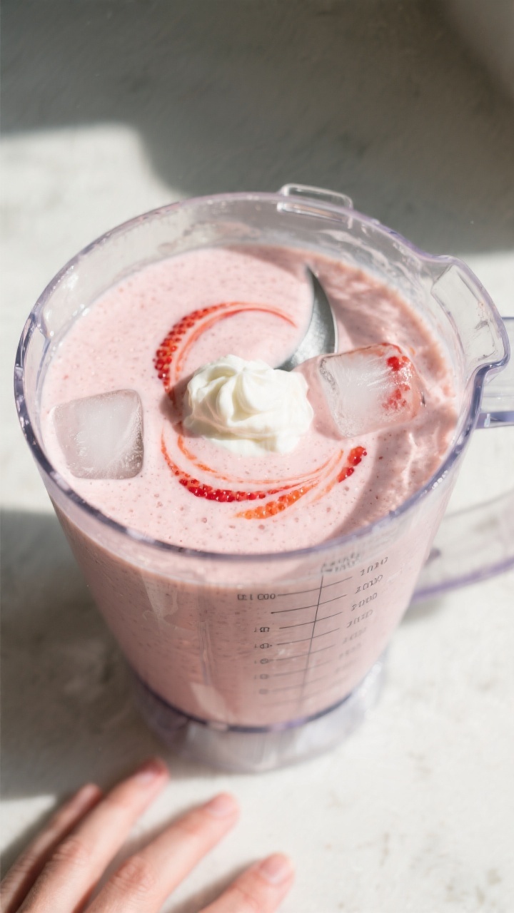 Cooking process: Overhead shot of the smoothie mid-blend in a high-speed blender jar, showing a vort