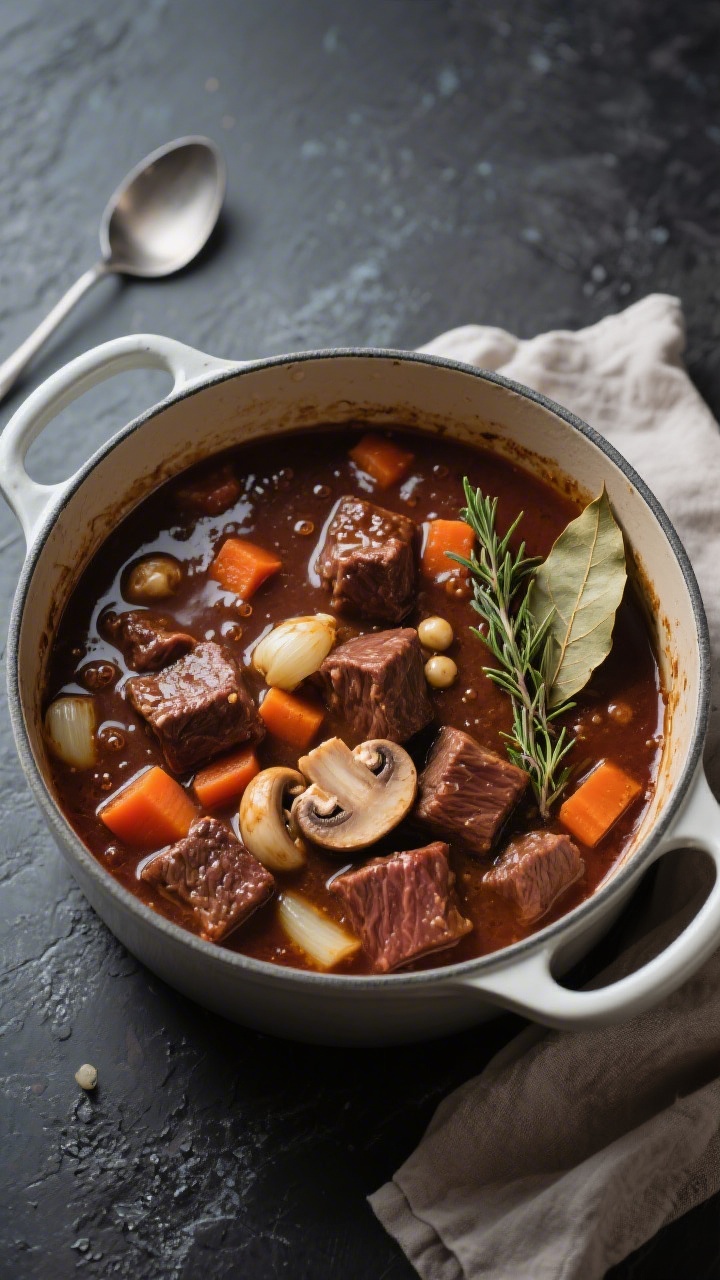 Cooking process: Overhead shot of the stew mid-simmer in a heavy enameled Dutch oven after mushrooms