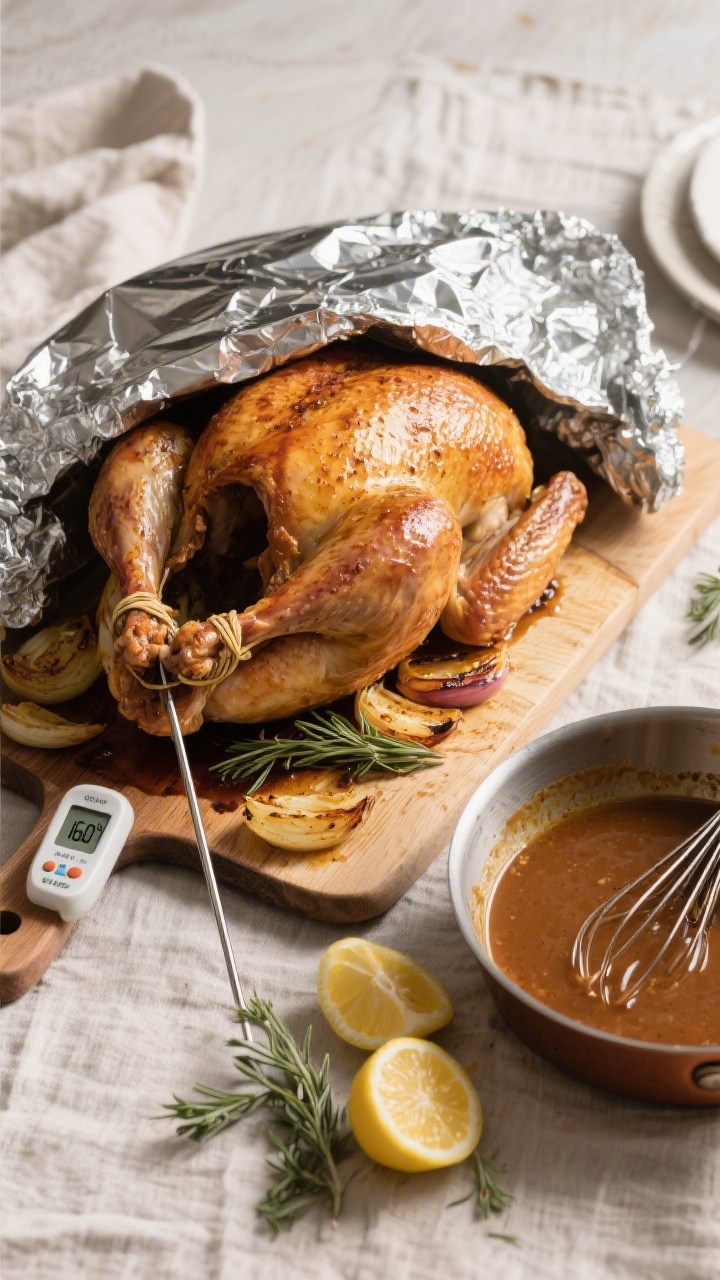 Cooking process: Overhead shot of the turkey resting on a carving board, tented foil pulled back to