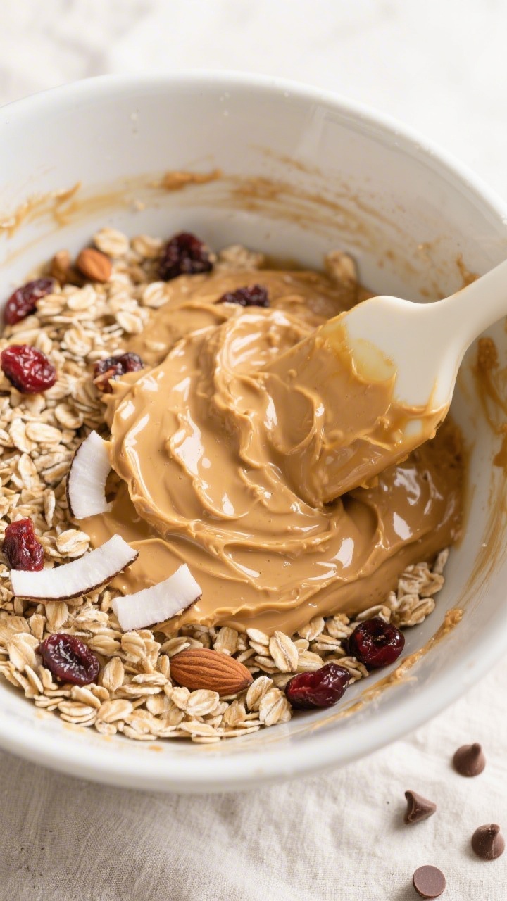 Cooking process: Overhead shot of the warm binder being folded into the toasted oat-nut-seed mixture