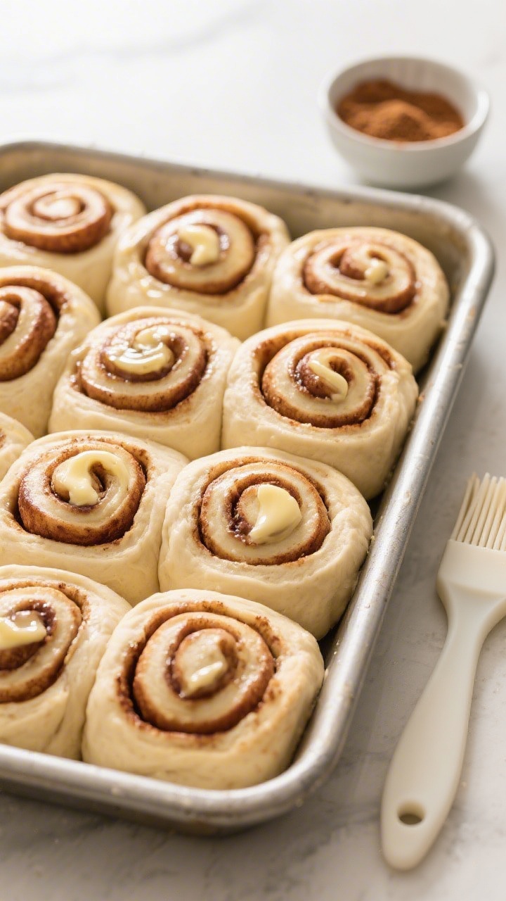 Cooking process: Overhead shot of tightly swirled vegan cinnamon rolls after the second rise in a gr