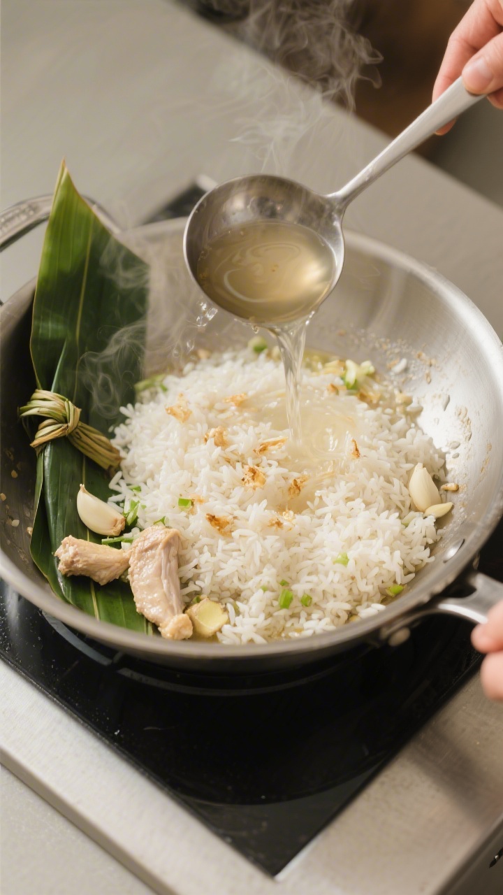 Cooking process: Overhead shot of toasted jasmine rice in a stainless saucepan just after sautéing