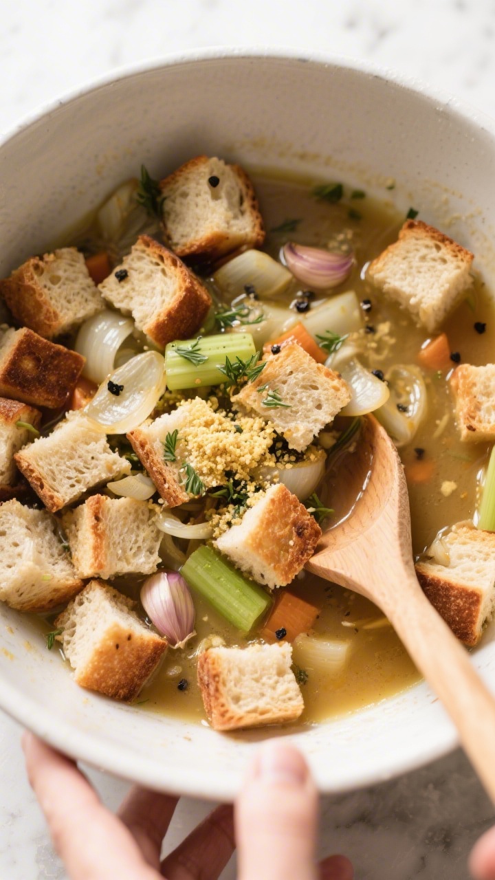 Cooking process: Overhead shot of toasted rustic bread cubes in a large mixing bowl being evenly moi