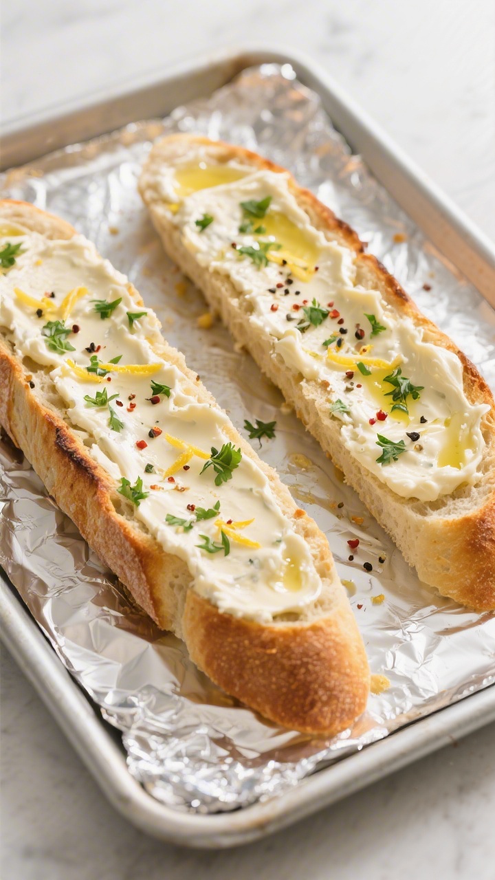 Cooking process: Overhead shot of two long bread halves on a foil-lined baking sheet, cut side up, g