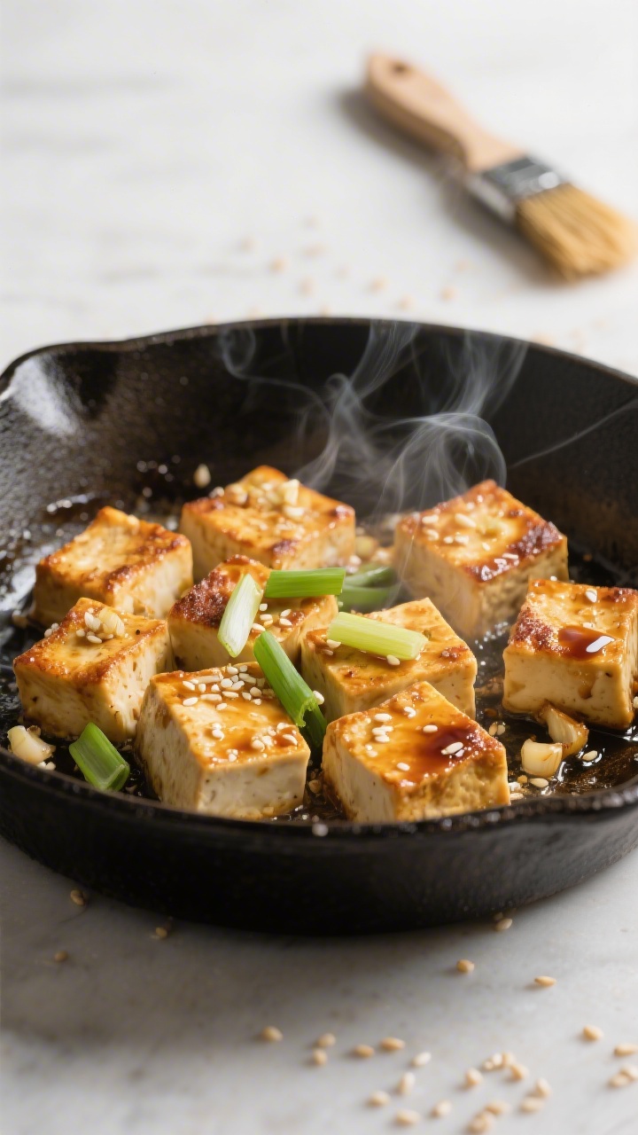 Cooking process, pan-seared: Golden-browned Garlic-Ginger Soy tofu cubes sizzling in a well-seasoned