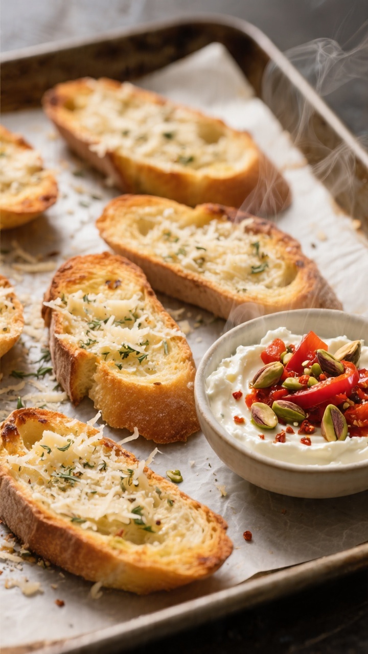 Cooking process: Parmesan herb crostini just out of the oven on a parchment-lined sheet pan—golden