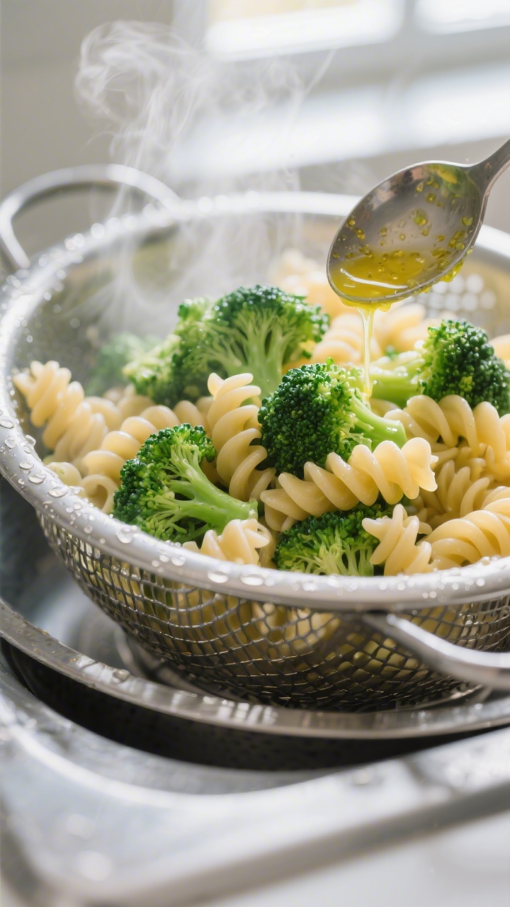 Cooking process — pasta and broccoli: Steam-kissed close-up of al dente rotini with just-blanched,