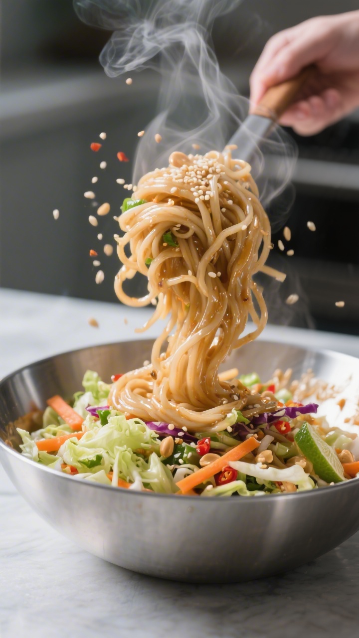 Cooking process: Peanut Sesame Noodle Bowl being tossed—glossy rice noodles and colorful coleslaw 