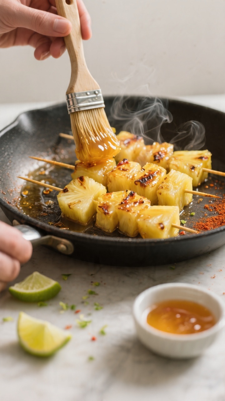 Cooking process: Pineapple Chili Lime Skewers — pineapple chunks on skewers sizzling in a hot skil