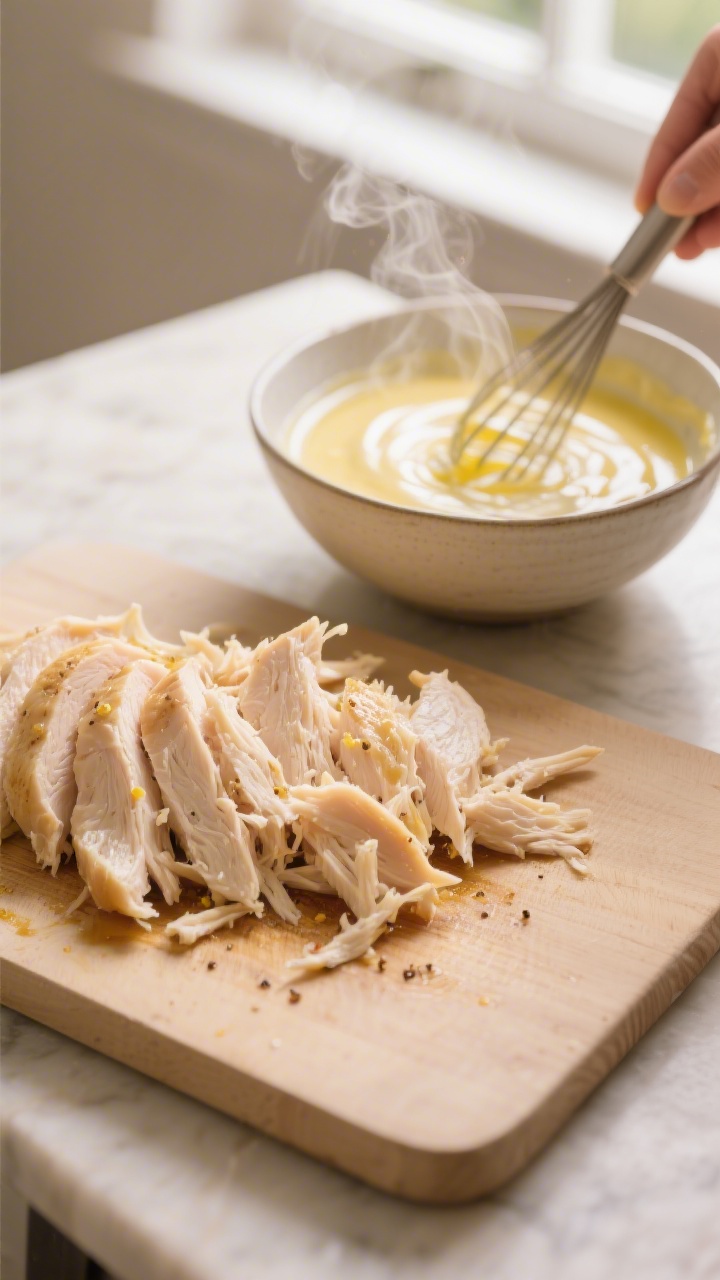 Cooking process: Poached chicken breasts just after shredding into small, even pieces on a warm, neu