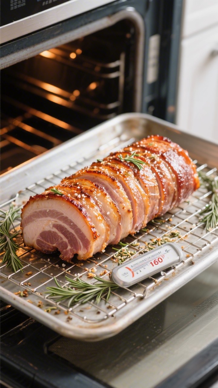 Cooking process: Pork belly roll on a wire rack over a rimmed baking sheet during the high-heat fini