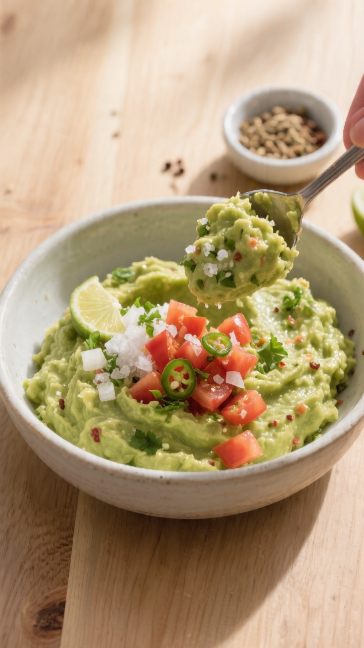 Cooking process: Prepared guacamole being seasoned and adjusted—overhead angle of a bowl of smooth