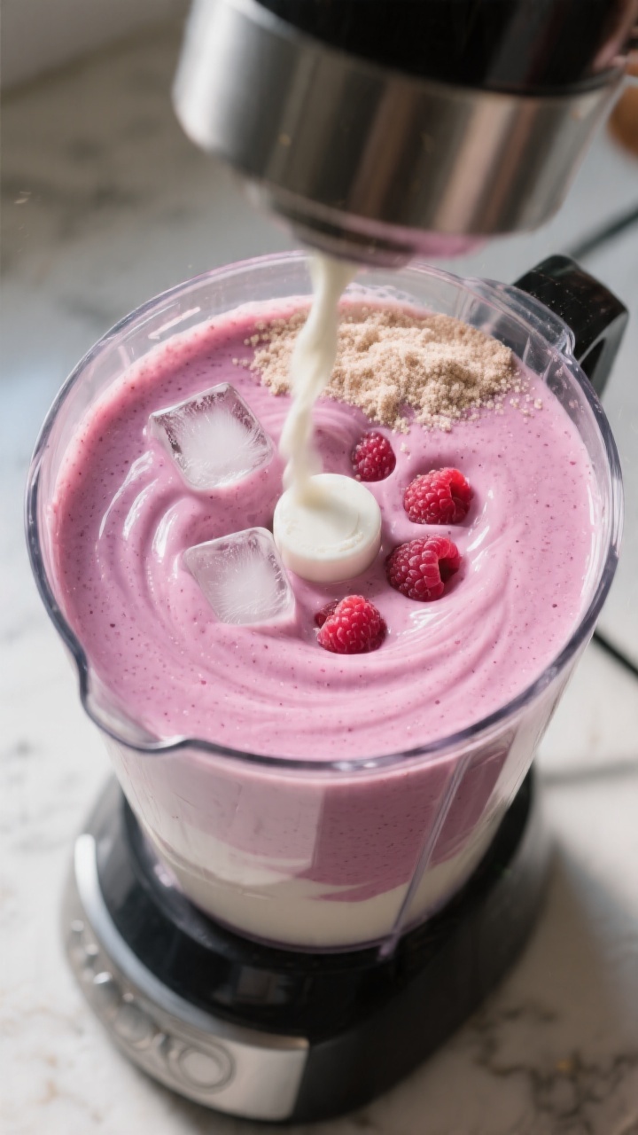 Cooking process: Professional kitchen-style scene of the smoothie mid-blend in a high-speed blender 