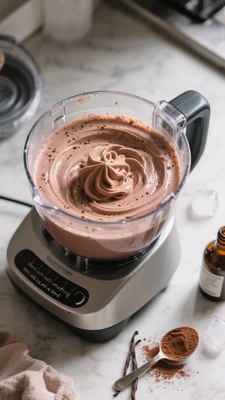 Cooking process: Professional kitchen-style scene of the smoothie in the blender just after blending