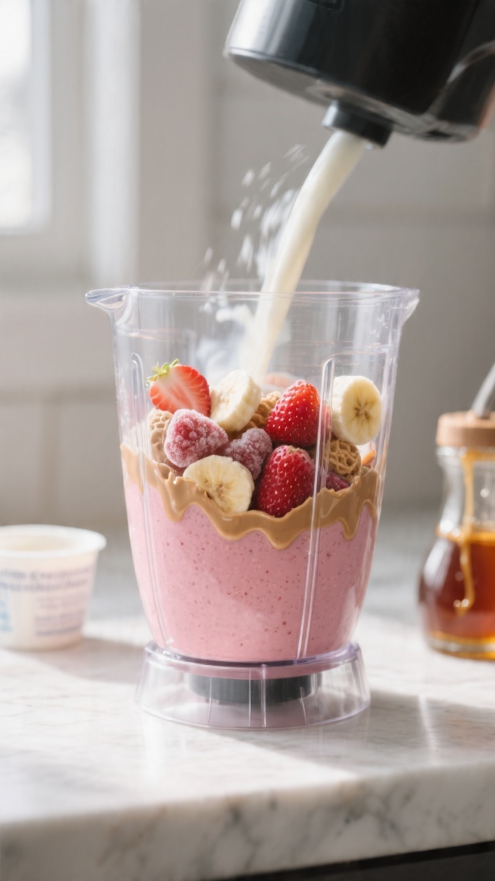 Cooking process: Professional kitchen-style shot of the smoothie mid-blend in a clear blender jar, l