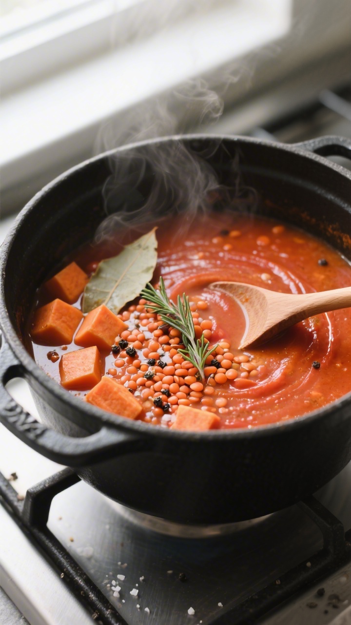 Cooking process: Red lentil and sweet potato soup simmering in a matte black Dutch oven, overhead an