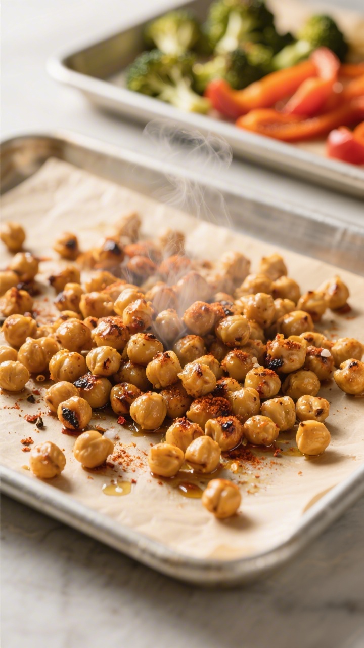 Cooking process: Roasted chickpeas coming out of the oven at peak crispness, close-up of golden, spi