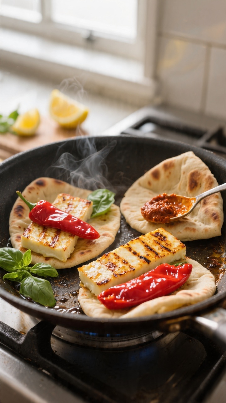 Cooking process – Roasted Red Pepper and Halloumi Pita: Slices of golden-seared halloumi sizzling 