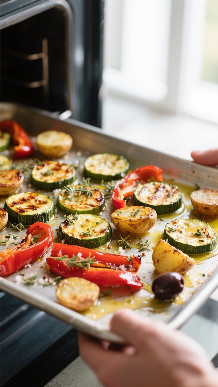 Cooking process: Roasted vegetables coming out of the oven—sheet pan with zucchini coins, red bell