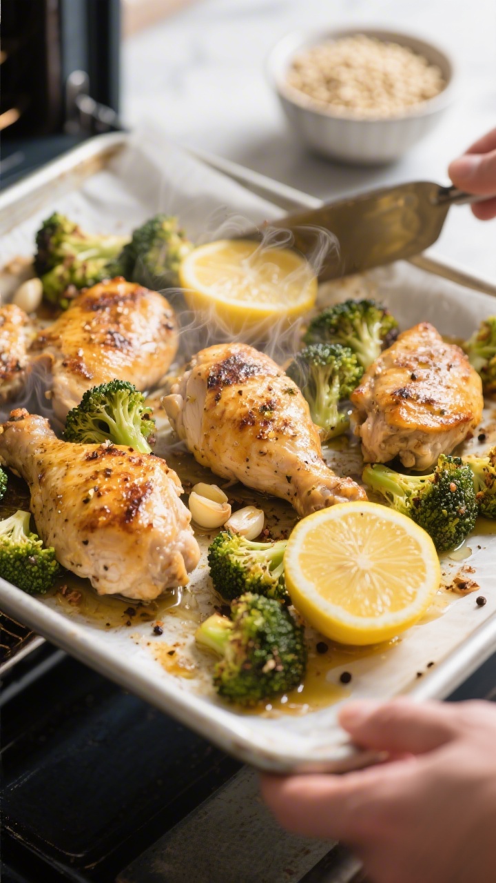 Cooking process – Sheet Pan Lemon Garlic Chicken and Broccoli: Mid-action shot of golden, just-roa