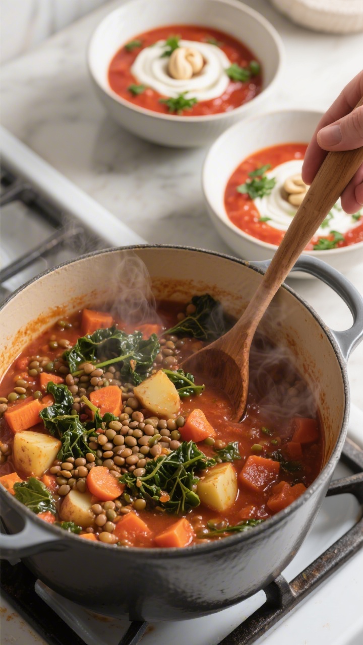 Cooking process shot of a hearty Week 4 lentil and vegetable stew simmering in a Dutch oven: rich to