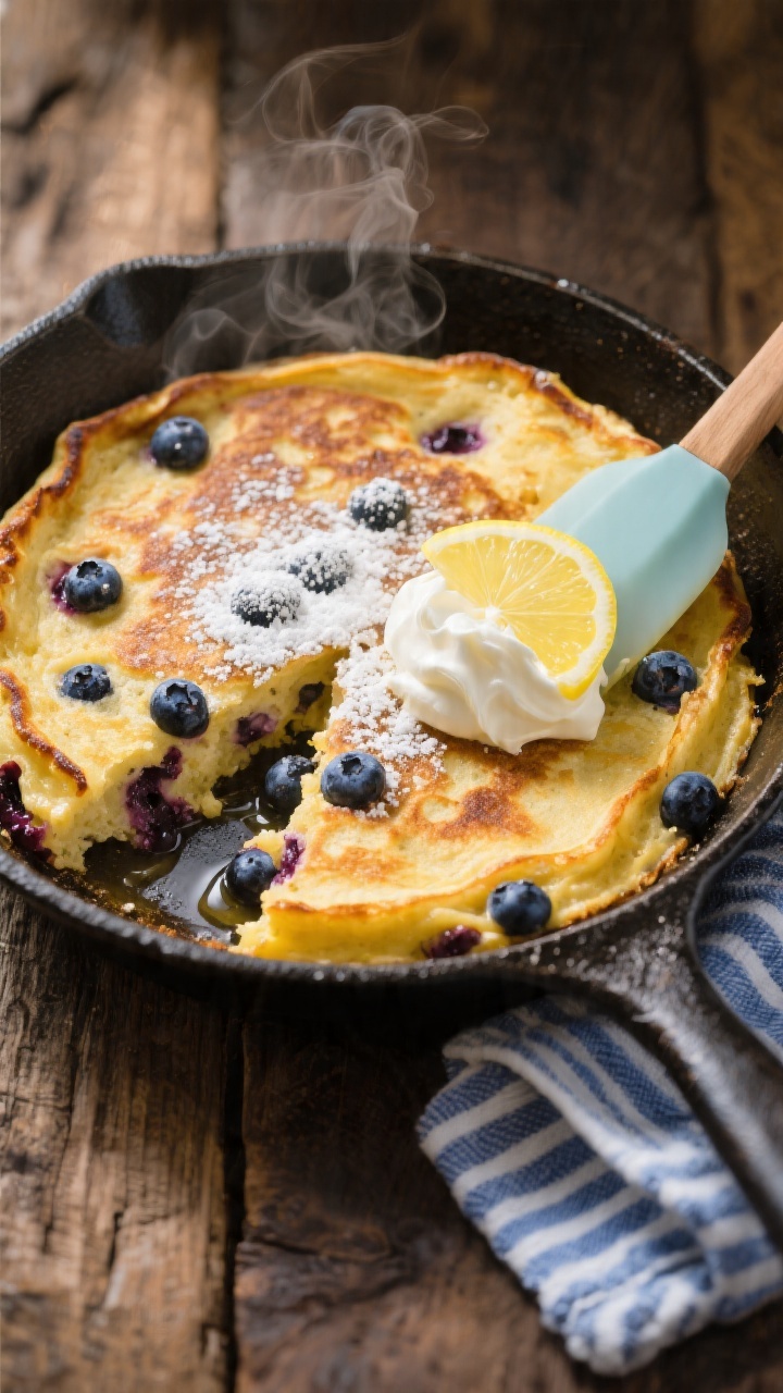 Cooking process shot of a Lemon-Blueberry Skillet Pancake just out of the oven: golden, puffed surfa