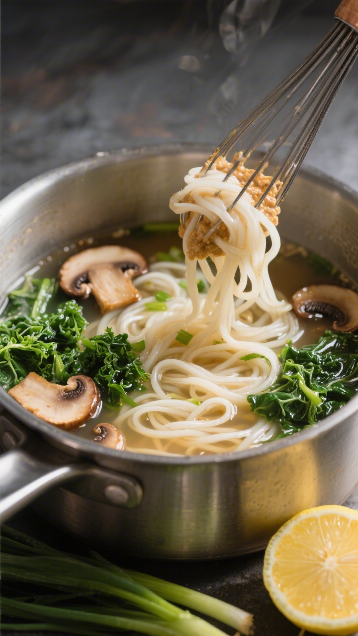 Cooking process shot of Quick Mushroom and Kale Noodle Soup: rice noodles just cooked in a clear, um