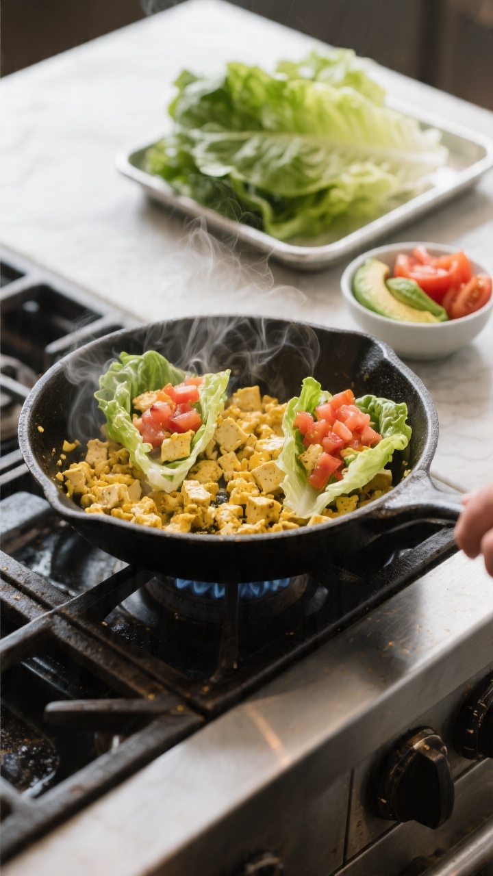 Cooking process shot of Quick Tofu Scramble Lettuce Cups: tofu crumbles in a skillet mid-sauté, lig