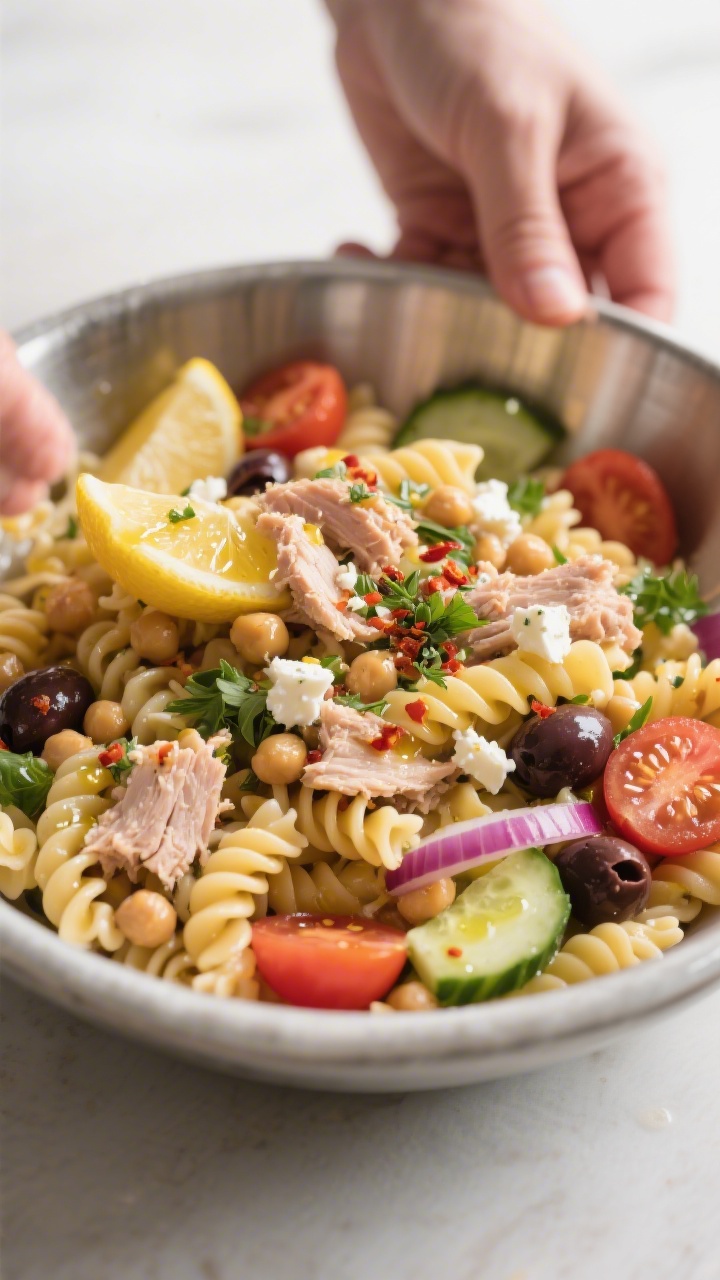 Cooking process shot: Rotini tossed with flaked tuna and chickpeas being gently mixed with a glossy 