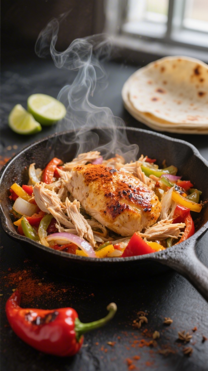 Cooking process shot: Rotisserie chicken Tex-Mex filling sizzling in a cast-iron skillet, showing ju
