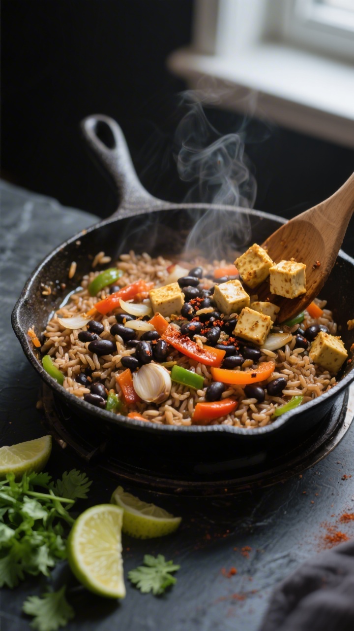 Cooking process shot: Smoky Bean and Rice Skillet sizzling in a cast-iron pan on the stove, black be