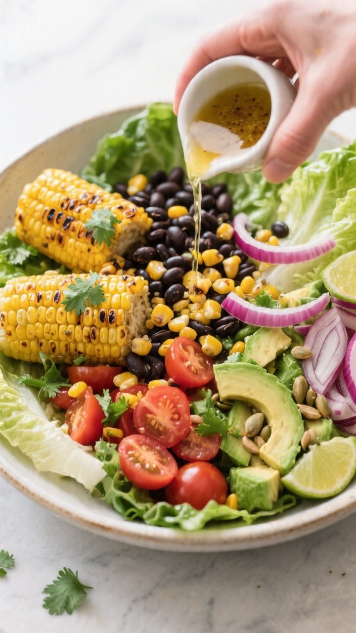 Cooking process shot: Southwest corn and avocado salad components being combined in a large bowl—s