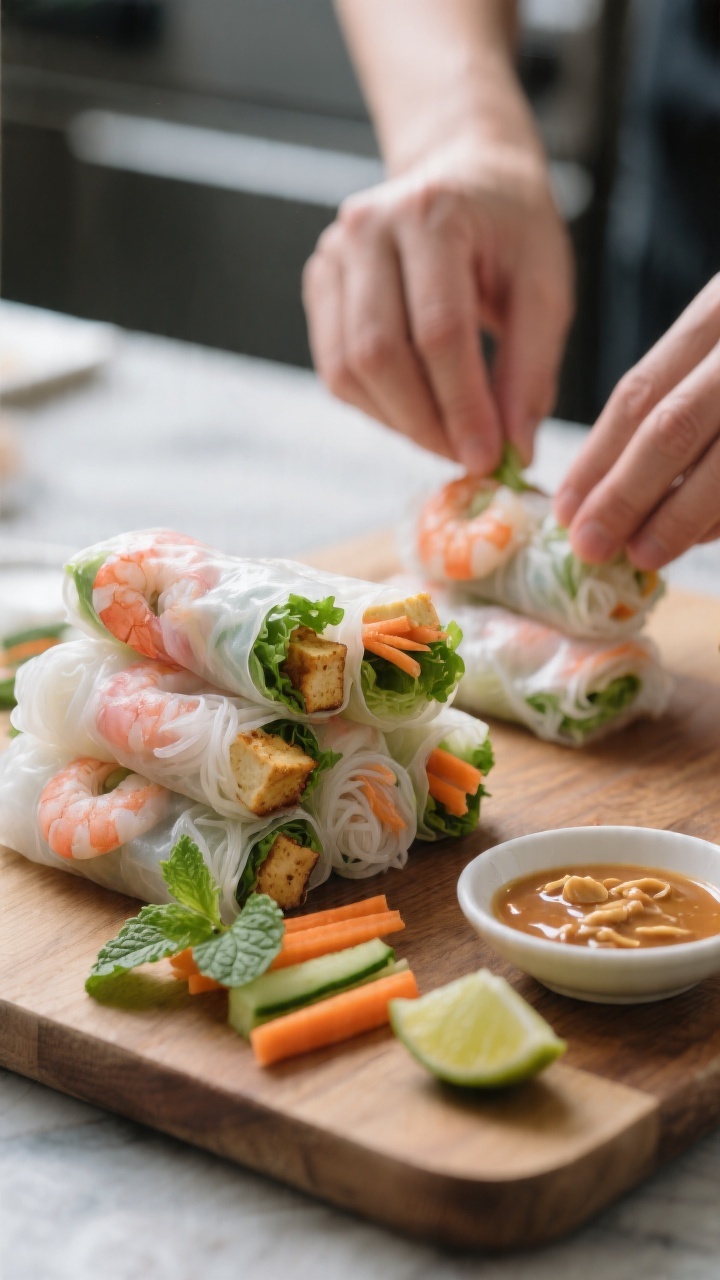 Cooking/process shot: Vietnamese-inspired rice paper rolls being finished on a board, rolls already 