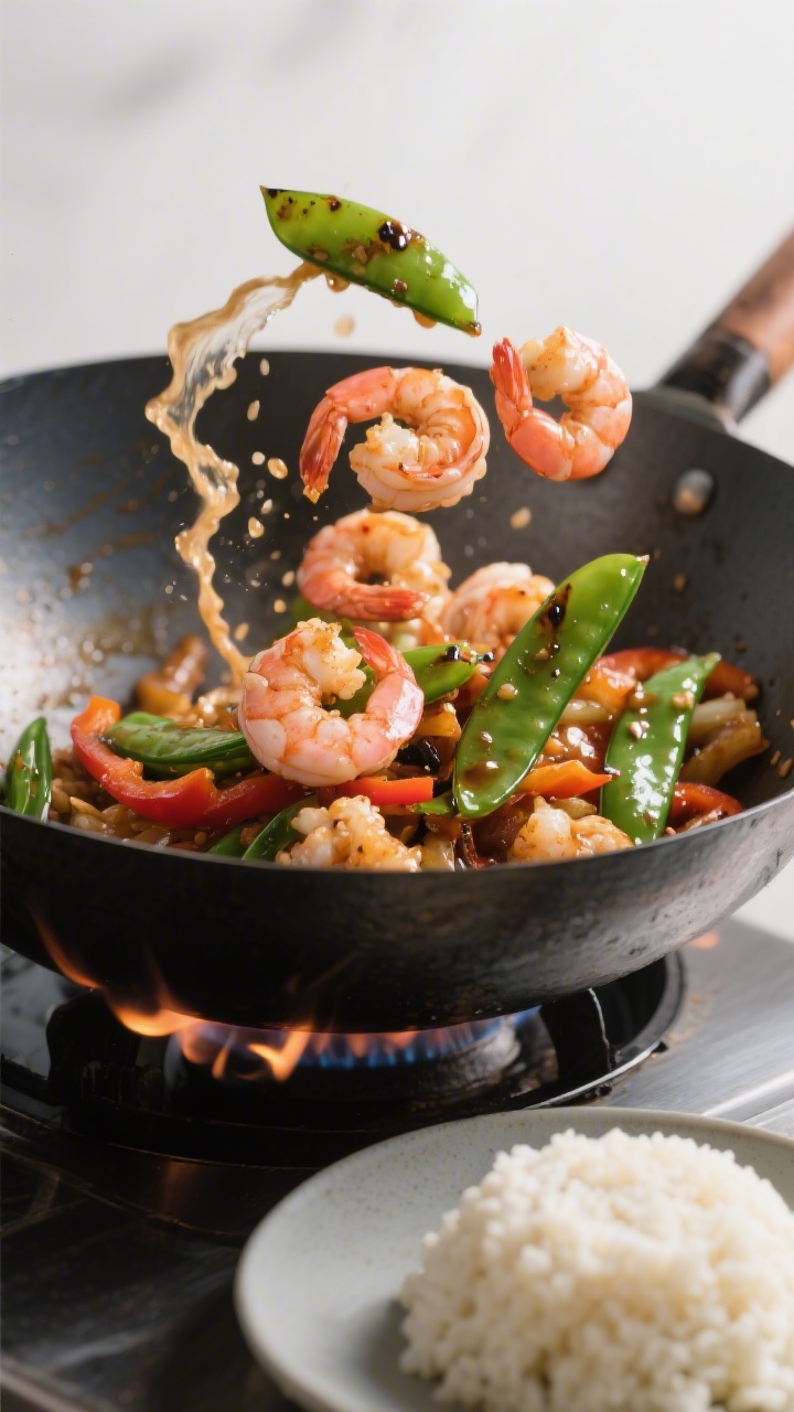 Cooking process: Shrimp Stir-Fry being tossed in a carbon-steel wok over high heat—pink, curled sh