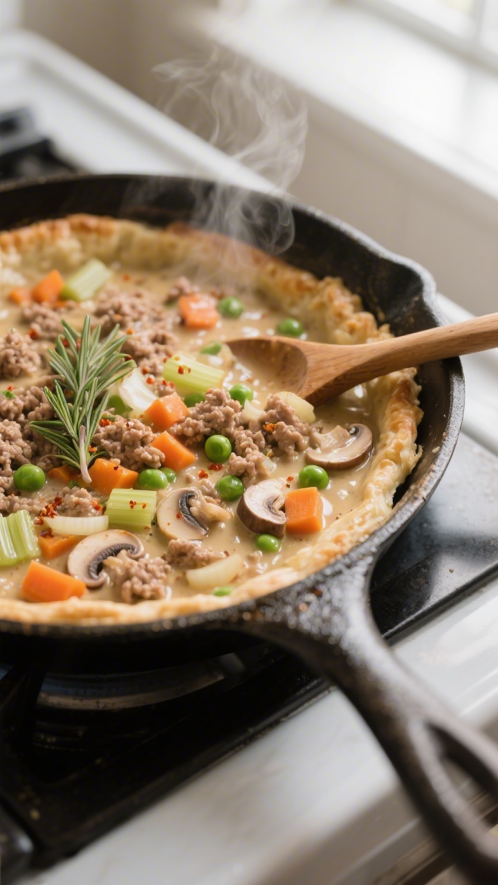 Cooking process, skillet close-up: Ground Turkey Pot Pie filling simmering in a 10-inch oven-safe sk