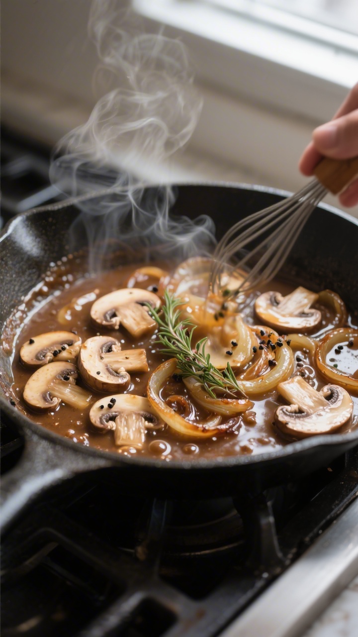 Cooking process: Sliced cremini mushrooms and caramelized onions sizzling in a shallow skillet of gl