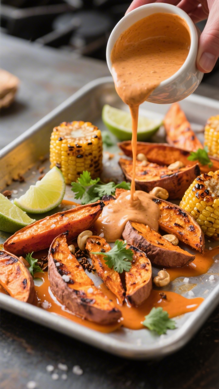 Cooking process: Smoky Chipotle Cashew Cream being drizzled in slow motion over roasted sweet potato