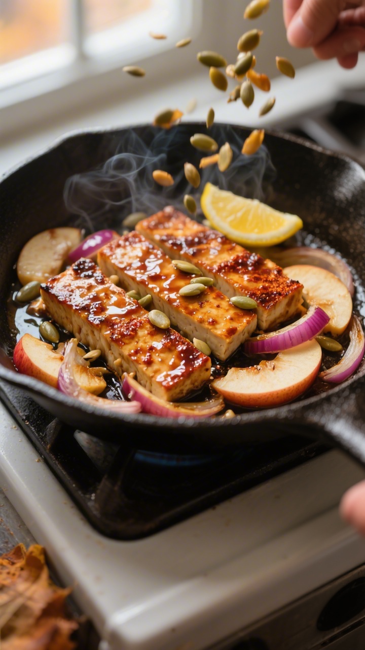 Cooking process – Smoky Maple Tempeh and Apple Skillet: Sizzling tempeh strips in a cast-iron skil