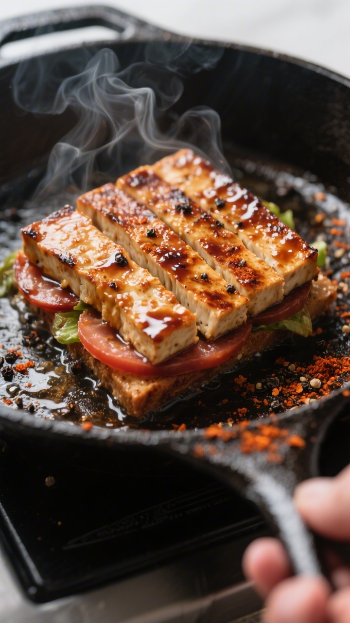 Cooking process – Smoky Tempeh BLT: Sliced tempeh searing in a cast-iron skillet, edges caramelize